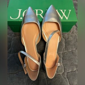NIB J.Crew Metallic Leather Ankle Strap Flat - Silver - 9